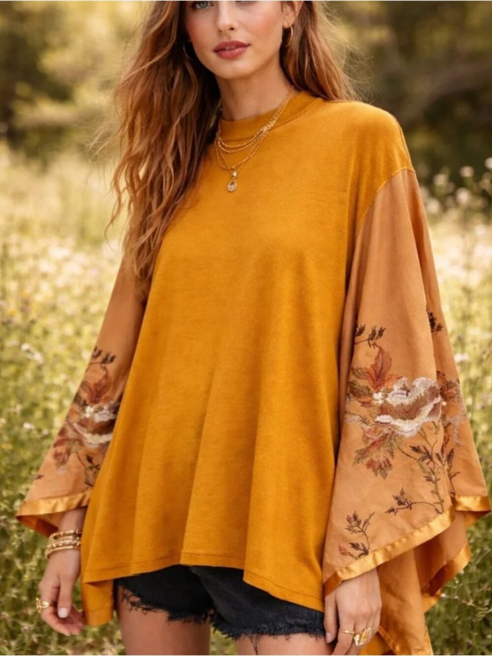 Free People Sydney Tuesday Kimono Embroidered Sleeve Tunic Cape Top - Large